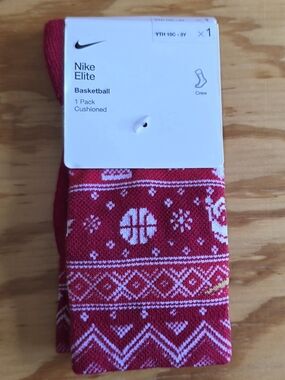 Nike Elite Basketball Red Cushioned Crew Socks Youth Santa Gold Swoosh Christmas